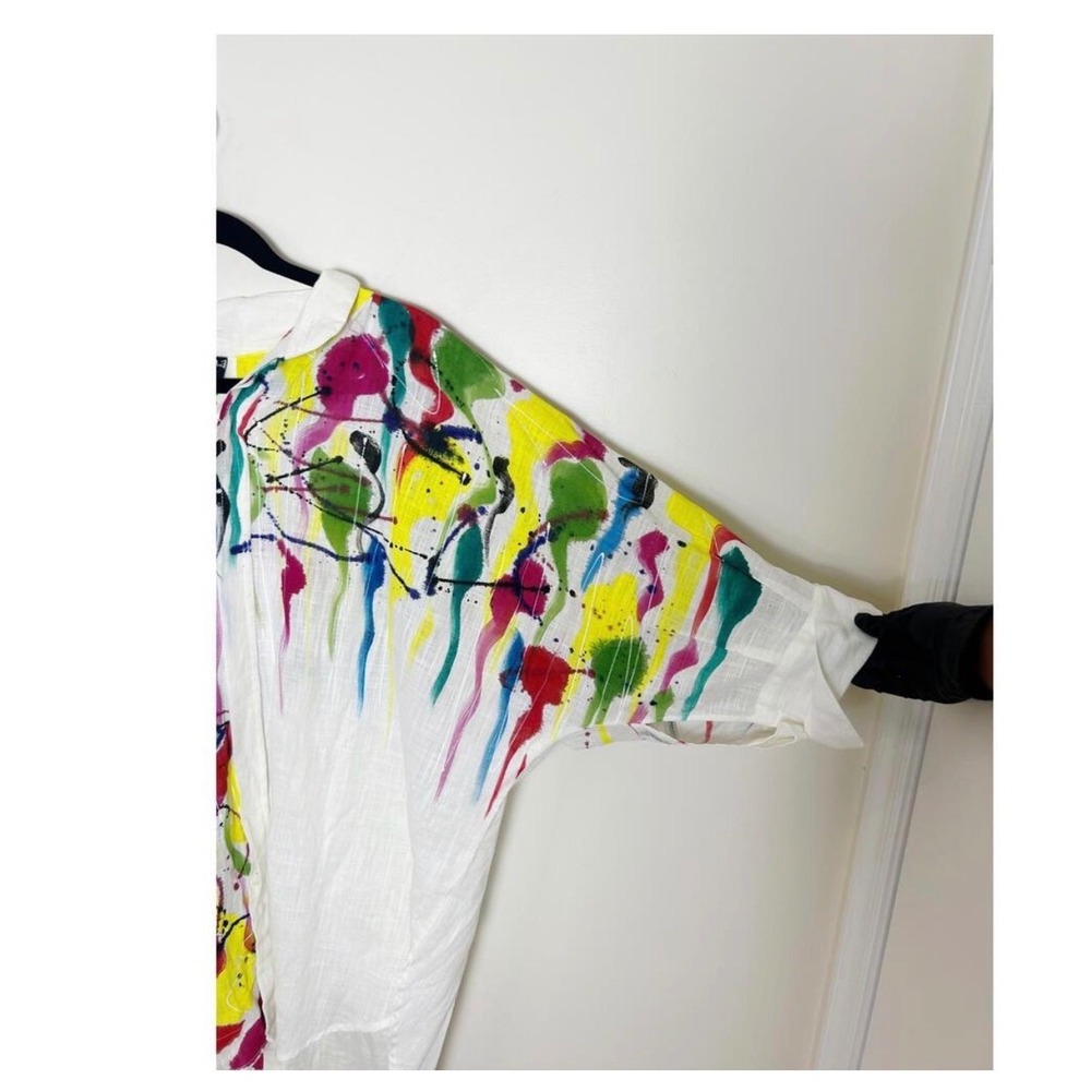 Dilemma Button Down Women OS White Paint Splatter Organic Cotton Oversized Shirt - Picture 3 of 8